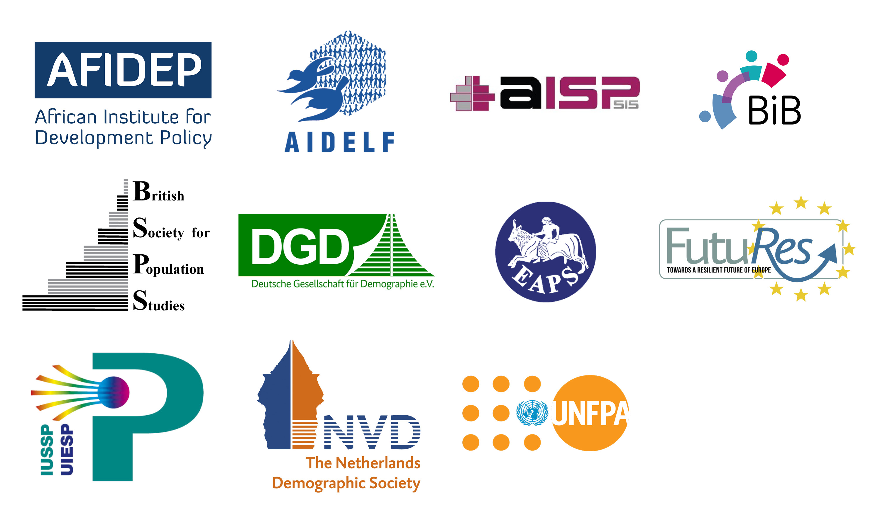 Logos of African Institute for Development Policy, Association Internationale des Démographes de Langue Fran-çaise, FutuRes: Towards a Resilient Future of Europe, Bundesinsitut für Bevölkerungsforschung, British Society for Population Studies, Deutsche Gesellschaft für Demographie, European Association for Population Studies, International Union for the Scientific Study of Population, Italian Association for Population Studies, Nederlandse Vereniging voor Demografie, United Nations Population Funds