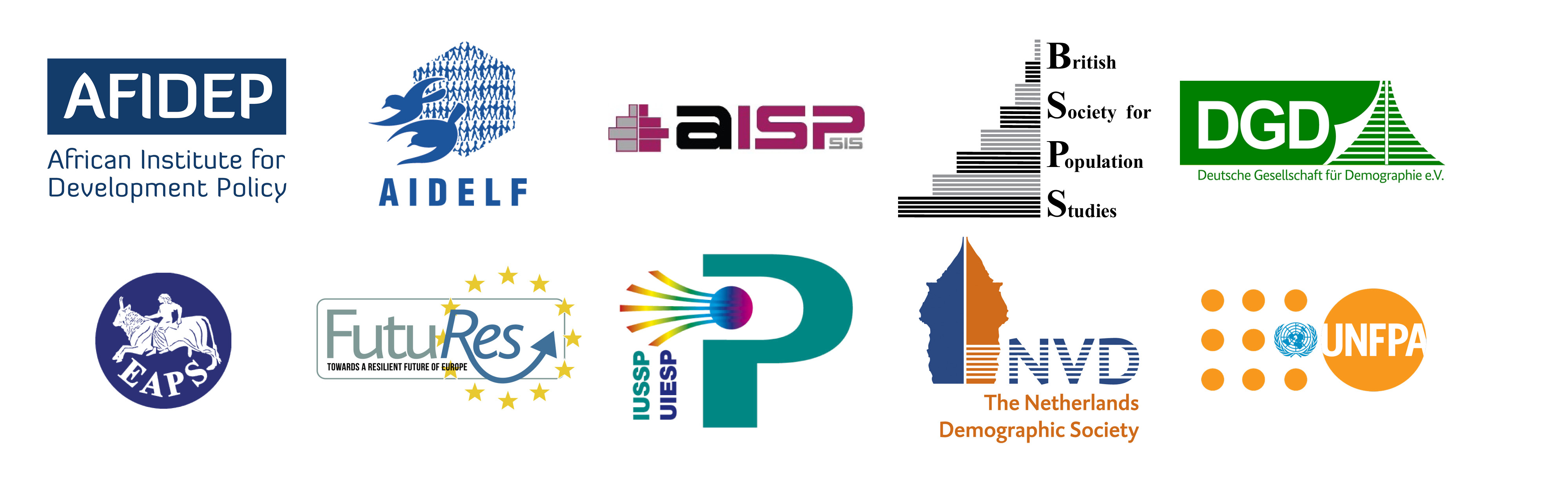 Logos of African Institute for Development Policy, Association Internationale des Démographes de Langue Fran-çaise, FutuRes: Towards a Resilient Future of Europe, British Society for Population Studies, Deutsche Gesell-schaft für Demographie, European Association for Population Studies, International Union for the Scientific Study of Population, Italian Association for Population Studies, Nederlandse Vereniging voor Demografie, United Nations Population Funds