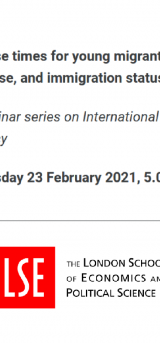 Graphic that reads "Tense times for young migrants: Temporality, life-course, and immigration status" and includes a picture of Dr Hughes and the LSE logo