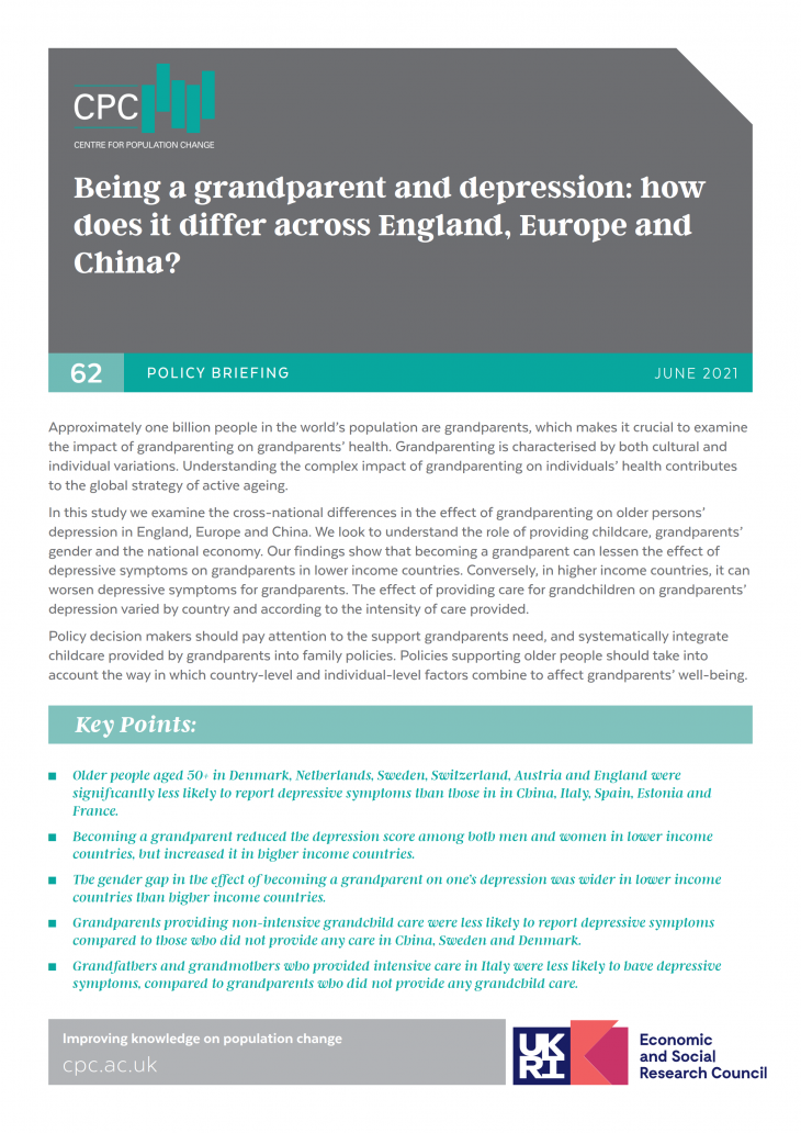 Being a grandparent and depression: how does it differ across England, Europe and China?