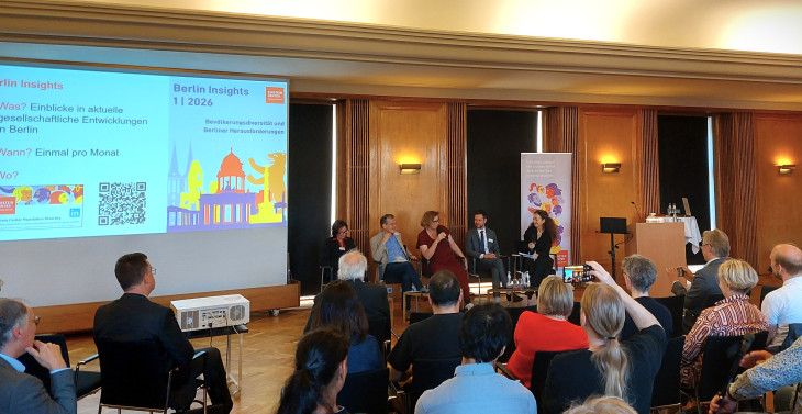 A panel of five, with an audience. A slides presentation promotes the Einstein Center's Berlin Insights series