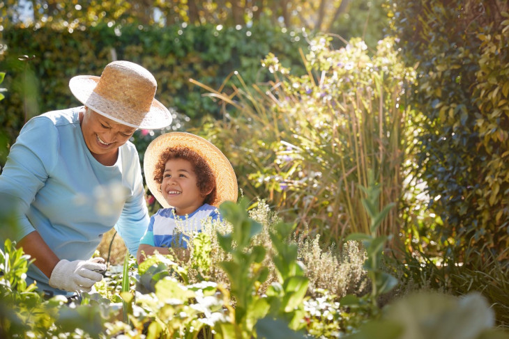 African descent grandmother and grandchild gardening in outdoor