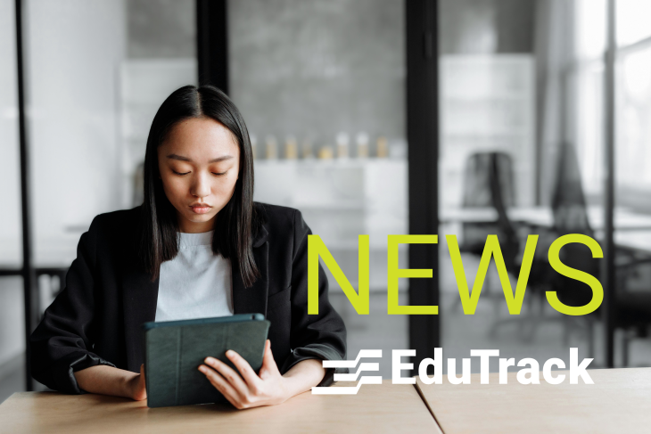 A woman reading on a tablet. Copy says: News, EduTrack